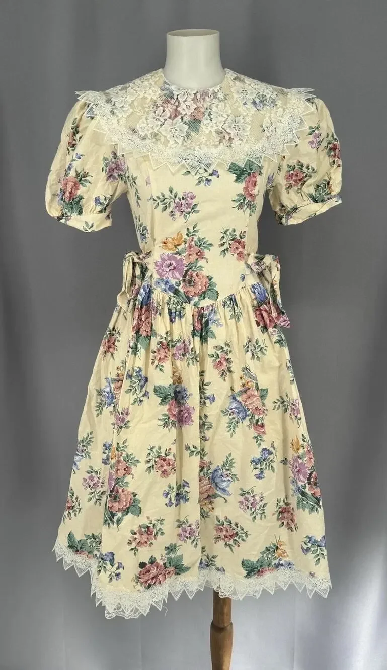 Vintage Jessica McClintock Gunne Sax Dress Girls 14 Floral Lace Prairie Boho